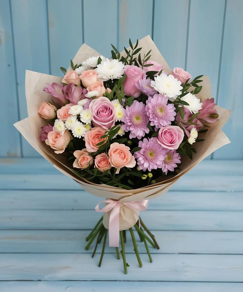 Букет цветов из: Хризантемы, Розы и Альстромерии в Карагаче