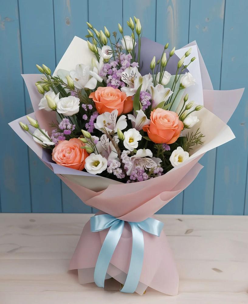 Букет цветов из: Лизиантусы, Розы, Альстромерии и Гипсофила в Карагаче