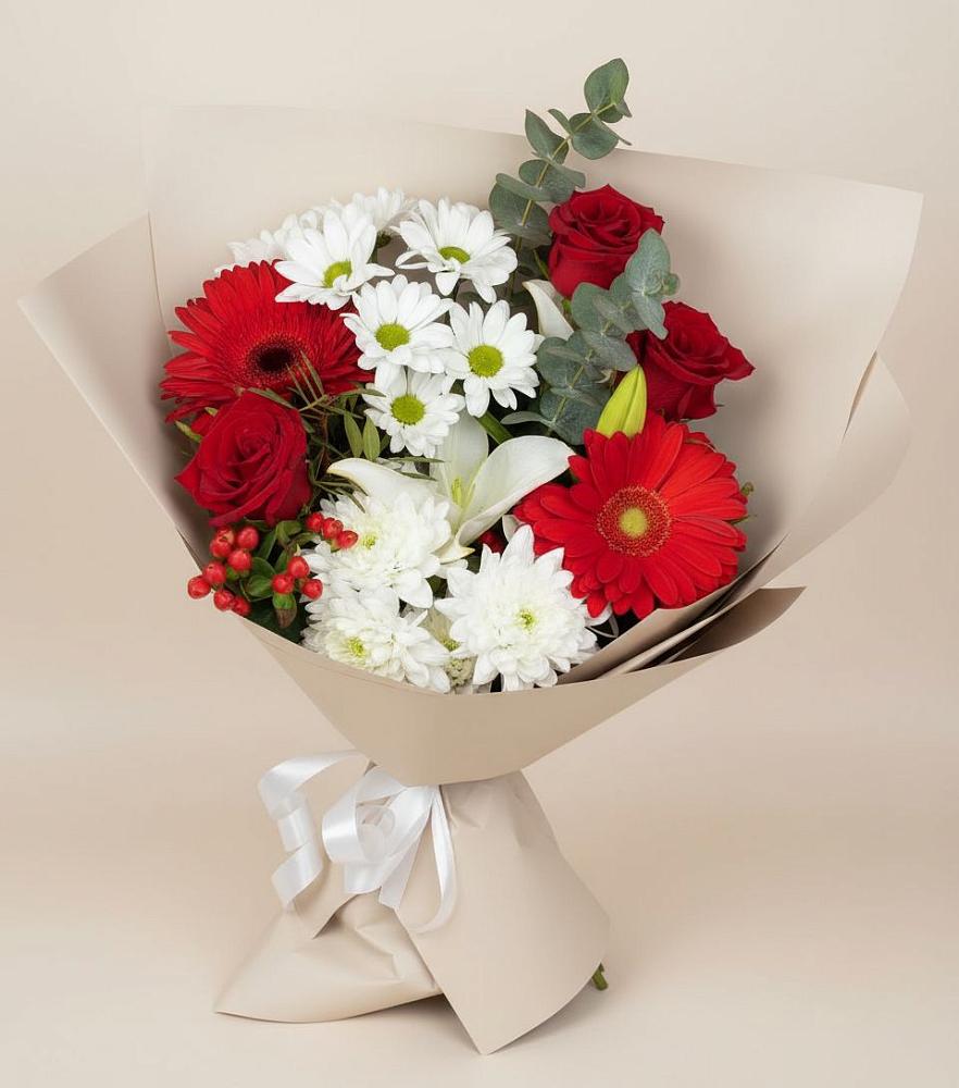 Букет цветов из: Розы, Хризантемы, Герберы и Лилии в Карагаче