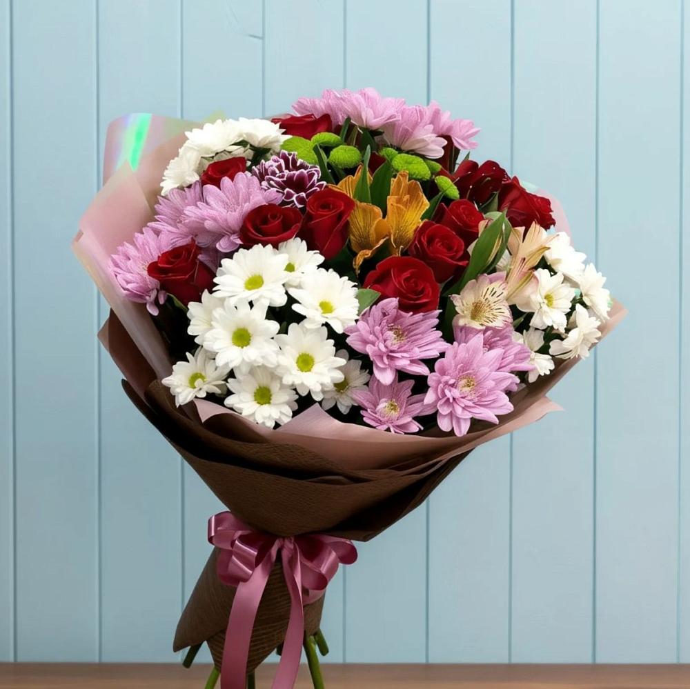 Букет цветов из: Розы, Хризантемы и Альстромерии в Карагаче