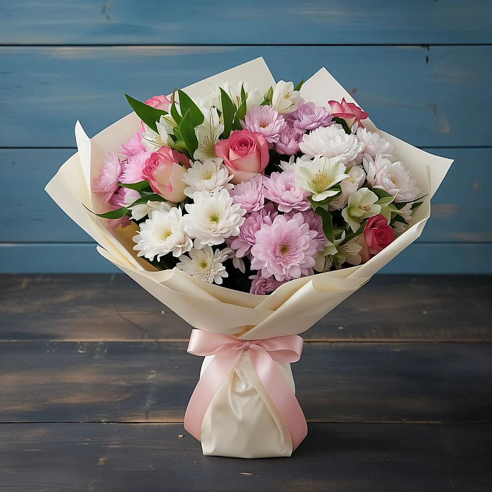 Букет цветов из: Хризантемы, Альстромерии и Розы в Карагаче